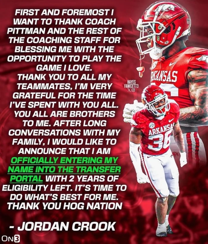 Arkansas linebacker Jordan Crook enters the transfer portal.